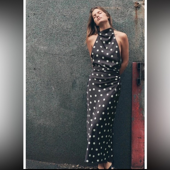 ZARA POLKA DOT SATIN MIDI DRESS - Picture 11 of 15